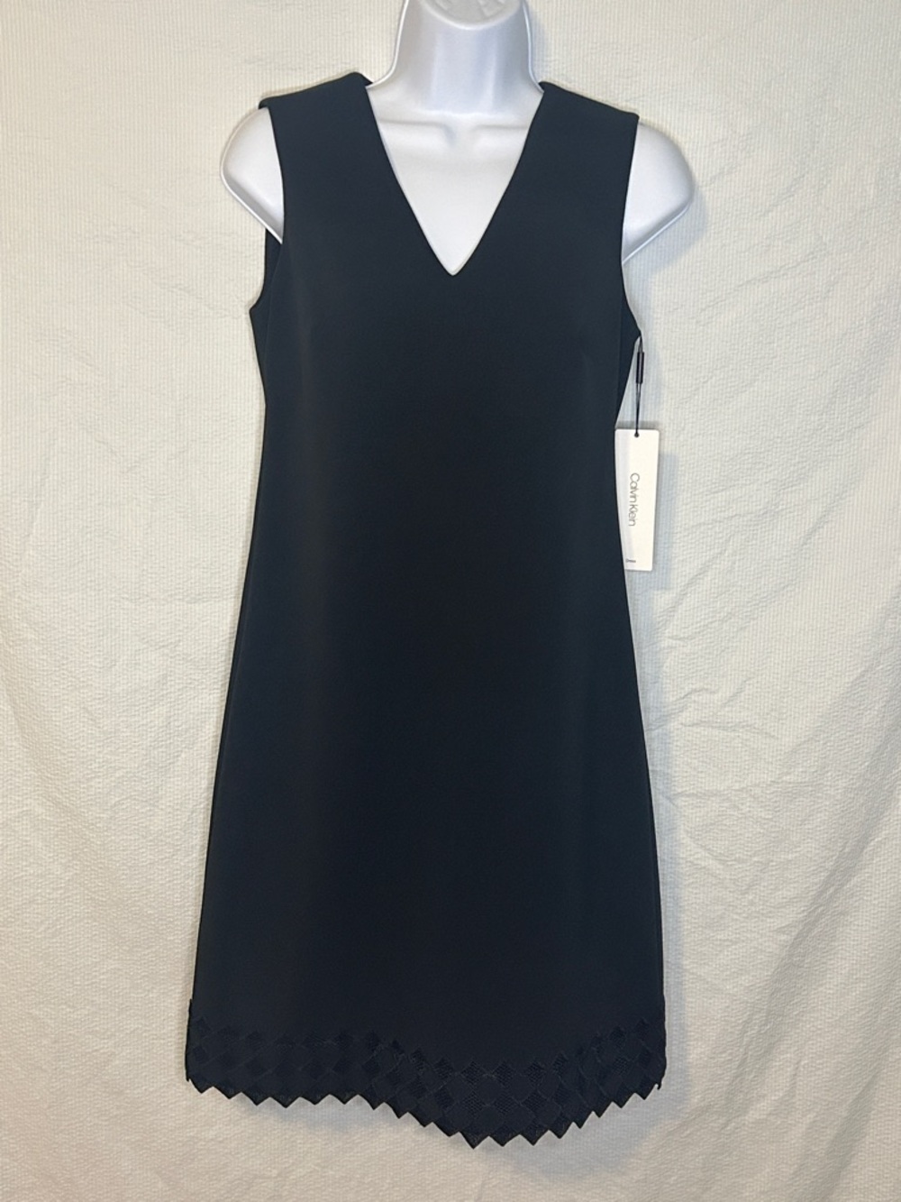NWT Calvin Klein Classic Black Sleeveless Dress Decorative Diamond Lace Hem, 2